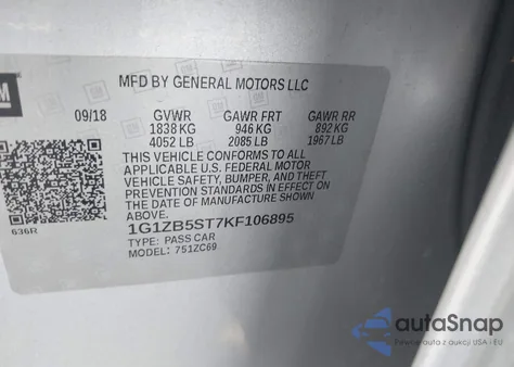 2019 Chevrolet Malibu 1Ls z USA, uszkodzony, nr VIN 1G1ZB5ST7KF106895